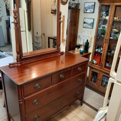 1950's Van Dyk Dresser With Vanity Mirror On Rolling Legs 