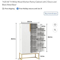New in box HLR 46""H White Wood Kitchen Pantry Cabinet with 2 Doors and Black Metal Base, YJJ250035
