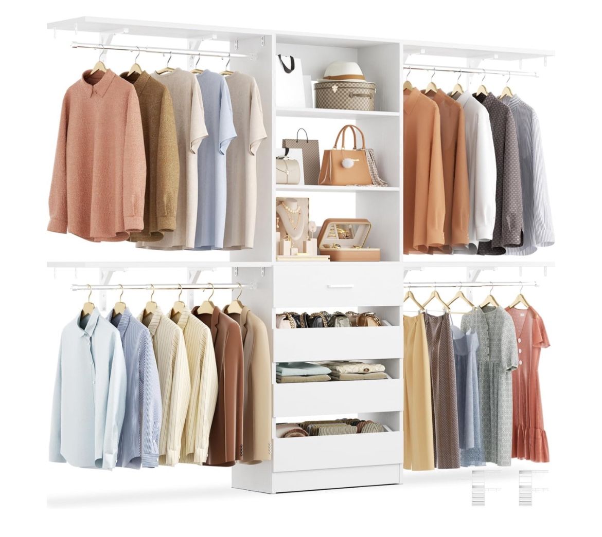 Closet System, 8FT Closet Organizer with 4 Wooden Drawers, Wood Closet Organizer System with Tower, Walk-in Closet Organizer Wardrobe Clothes Rack wit