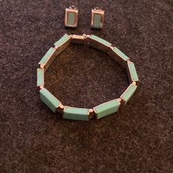 Turquoise Bracelet And Earrings Set In Sterling Silver Stamp 925, Bracelet Length 8 Inches 