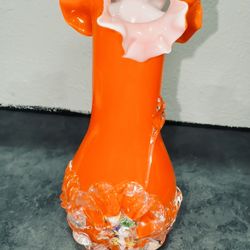 Bittersweet Ruffled Cased Orange Glass Vase With Glass Floral Decor