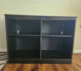 28" H, 38" W, 15" D.  Espresso finish 4 open   wood media Console/book shelf/organizer