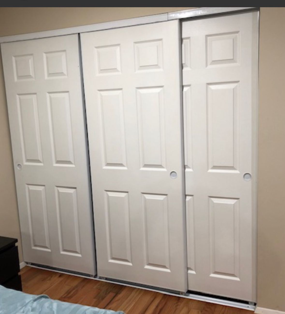 Three size 30 X 80 bypass closet doors white six panel sliding Doors with hardware attached on top