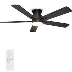 Ceiling Fans with Lights 52 Inch, Flush Mount, Remote Control, 3CCT Dimmable, 6 Speeds, Quiet Reversible DC Motor, Low Profile Hugger Ceiling Fan for