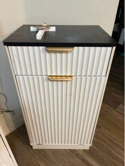 Modern Fluted Cabinet with Black Top and Gold Hardware