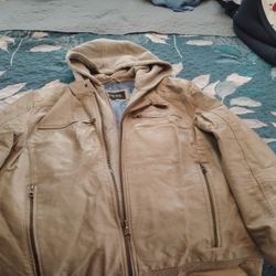 Guess Leather Jacket Large With Hoodie Grey It's Beautiful 