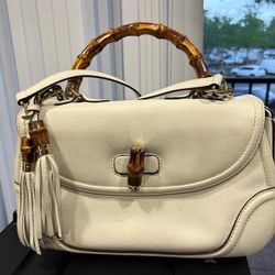 Gucci White Leather Small 1947 Bamboo Handle 