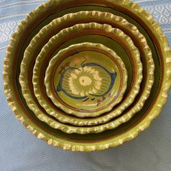   VTG 3 Mexican Oval Nesting Bowls Red ware Pottery Hand Painted 1940’s