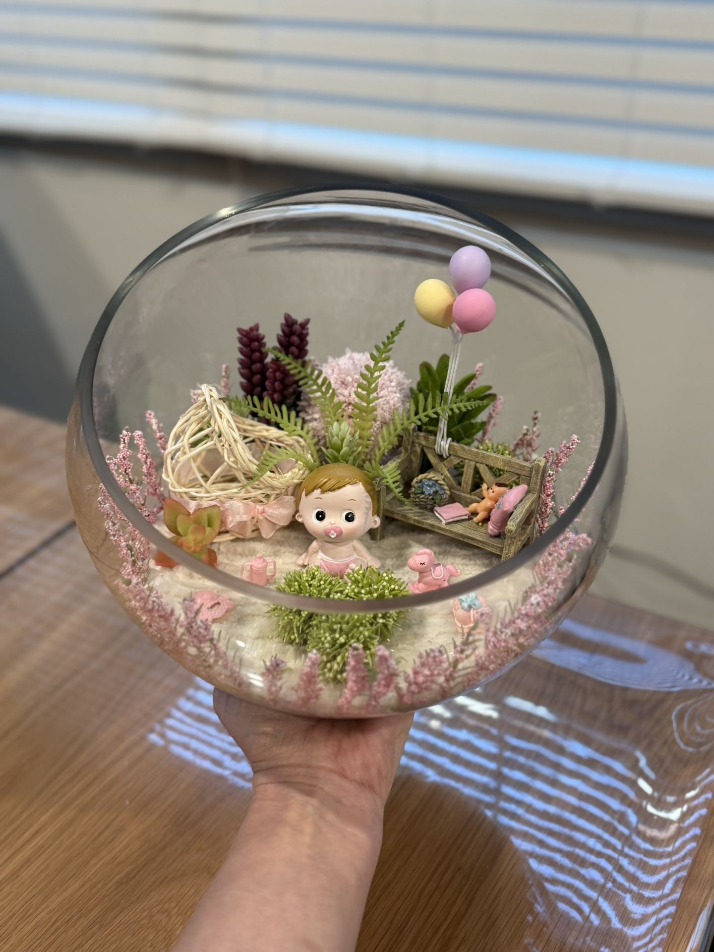 pink baby girl lifeless flower miniature arrangement