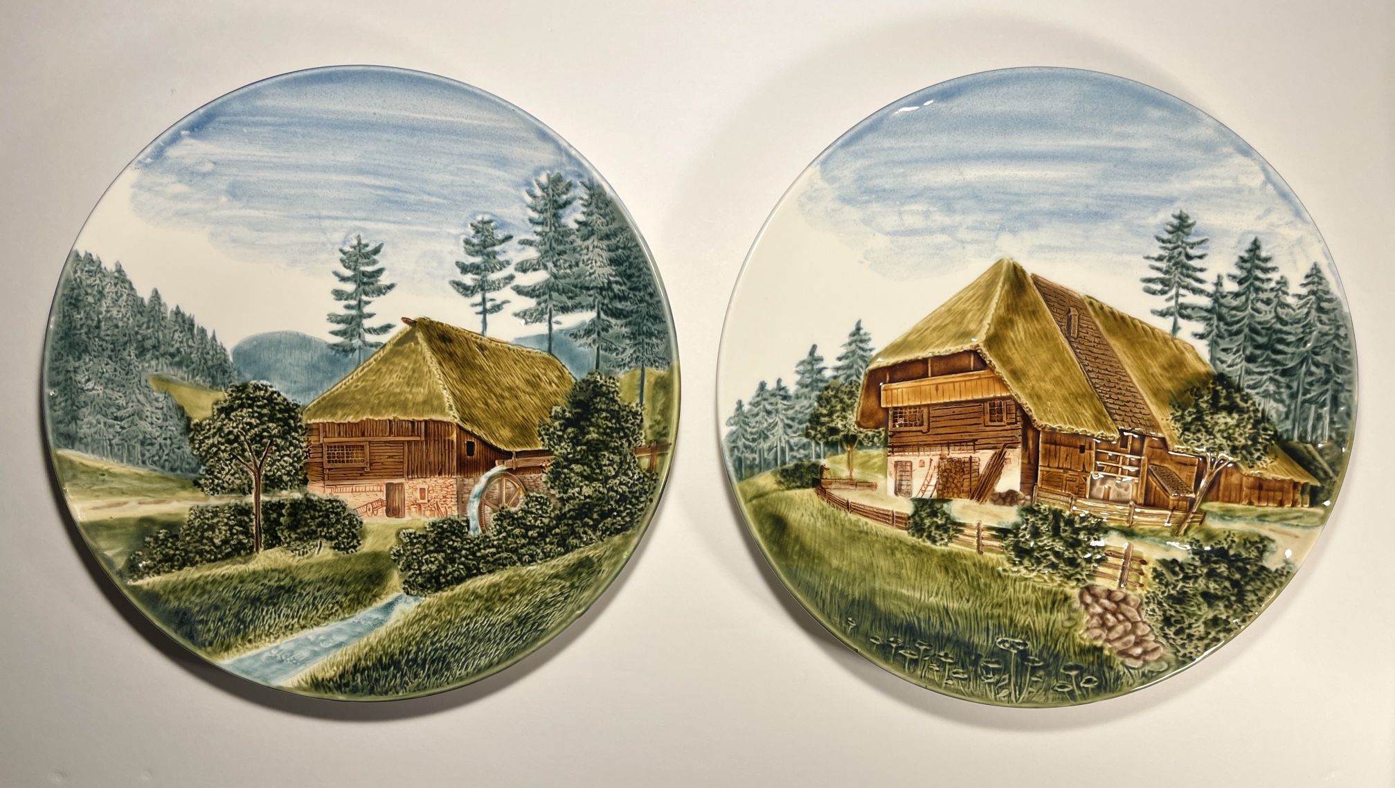 Set of Two Vintage Cico Germany Majolica Mountain Chalet Cottage Wall Plates 13"