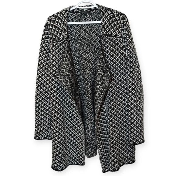 RW & Co Black White Wool Blend Open Front Cardigan Sweater Woman's Large