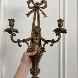 1 Large Brass Metal Cherub Cupid Putti Wall Sconce Candle Holder. Antique Vintage. Excellent Condition & Detail!