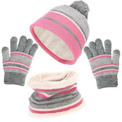 Winter hat and gloves set for little girls, pom-pom hat, knitted neck warmer, leg warmer and fleece-lined mittens for children aged 2-8 years.
