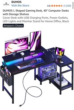DUMOS L‑Shaped Gaming Desk — 40” with Storage Shelves, USB Ports, Power Outlets & LED Lights
