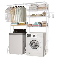 VEVOR Over The Washer and Dryer Storage Shelf, 6 Tier Laundry Room Drying Rack with Hanger Rod and Hooks, Adjustable Over Washer and Dryer Shelves, La