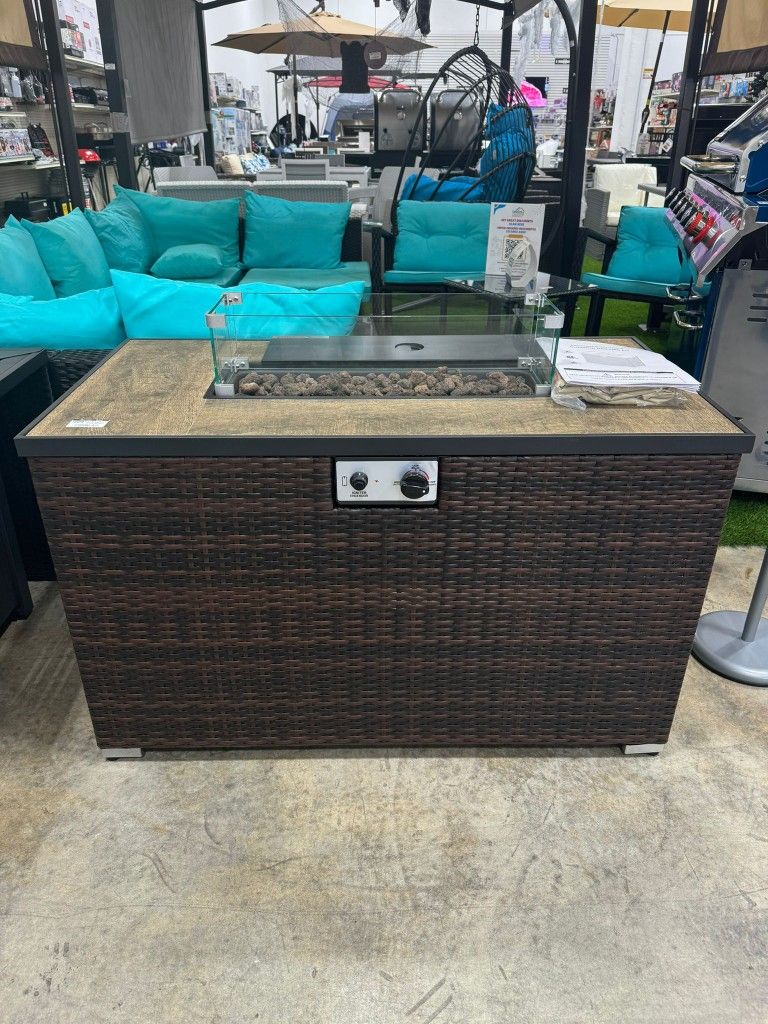 Brown 43 In. 50000 Btu Rectangular Propane Outdoor Fire Pit Table With Glass Wind Guard Lid, Lava Rocks And Cover