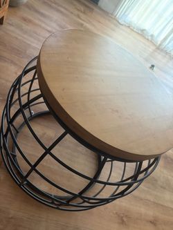 Round Wood Top Coffee Table with Metal Cage Base