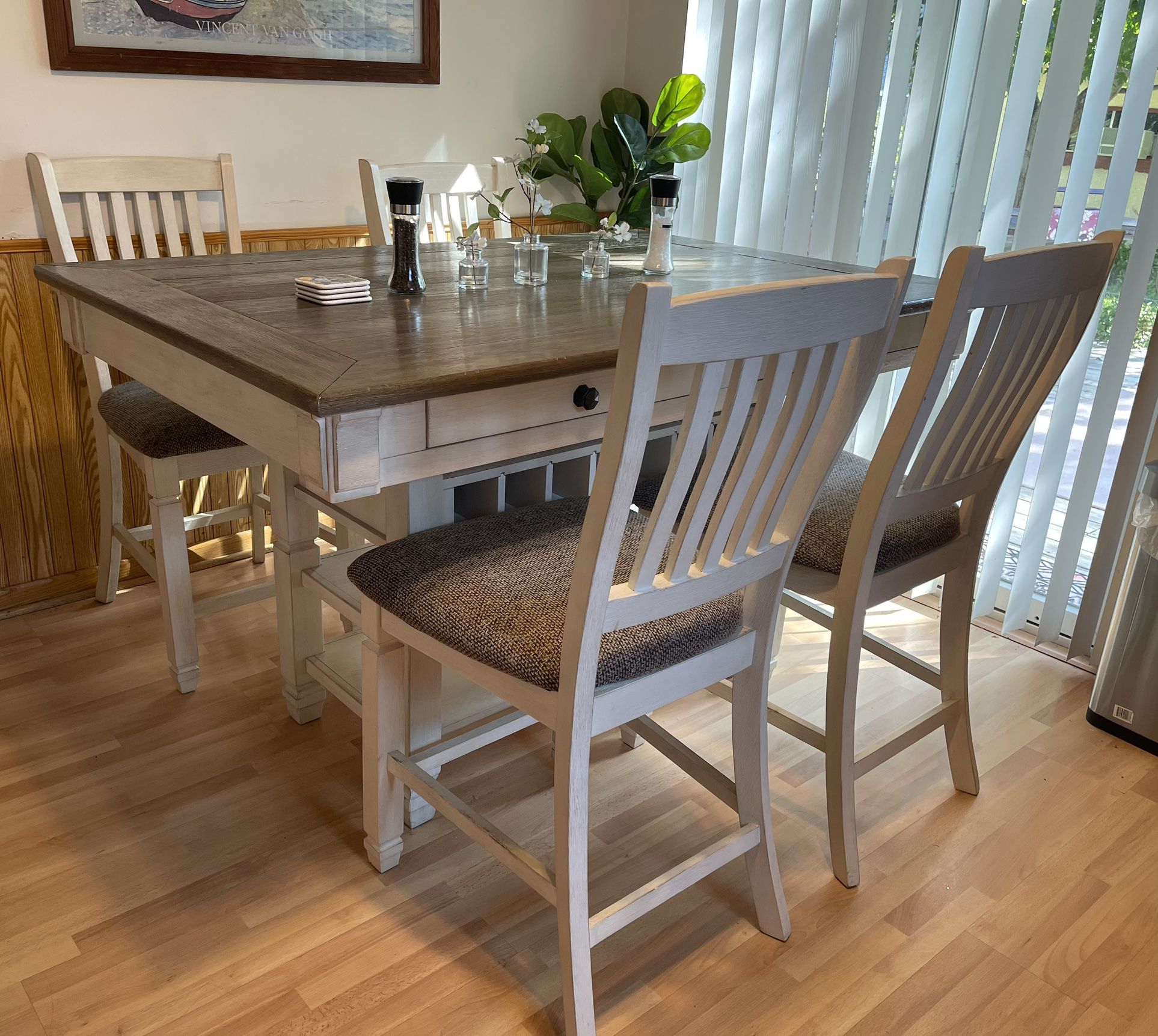 Kitchen Dining Table With Wine Storage, Drawers, And Chairs