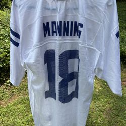 white Peyton Manning #18 Reebok NFL Indianapolis Colts jersey, likely from the 2000s era. 