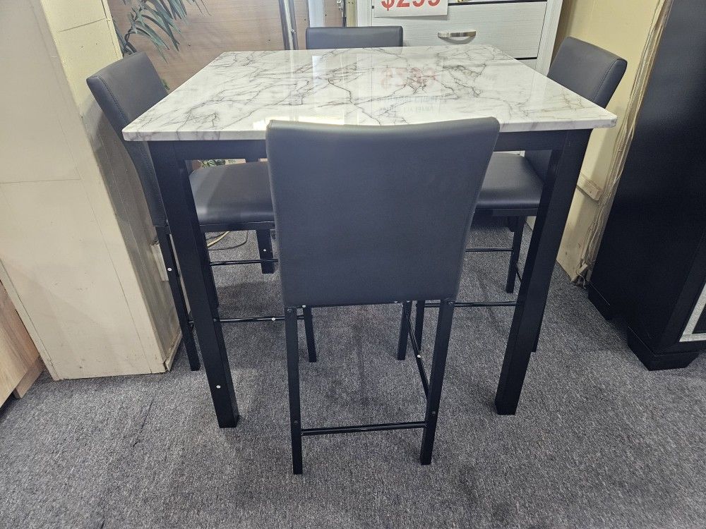 Floor Model Clearance White Fuax Marble Counter High Dining Table (38"x38"x36"H) + 4 Black Metal Chairs