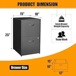 2 Drawer File Cabinet, Metal Two Drawer Vertical File Cabinets with Lock, 18" D Black Storage Filing Cabinet for Home Office, Ste