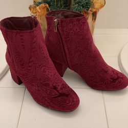 Cut Velvet Booties, Size 7.5, Wine Color, 2.5” Heel
