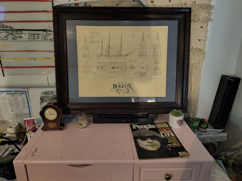 Framed Nautical Blueprint – H.M.S. Bounty Ship Schematic (Antique Nautical Style)