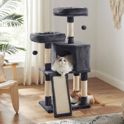 Cat Tree, 45.3-Inch Cute Cat Tower, Plush Climbing Condo, Gray with 4 Sisal Scratching Posts, 2 Perches, Spacious Cave, Scratching Ladder, Toy Balls f