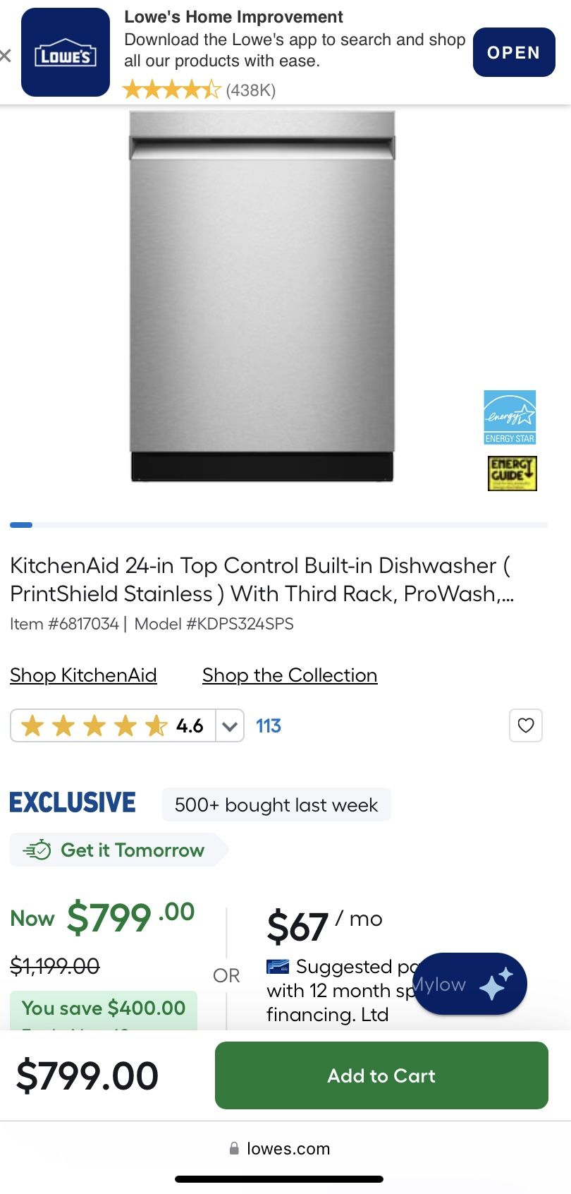 KitchenAid 24-in Top Control Built-in Dishwasher ( Stainless Steel with PRINTSHIELD Finish ) , 47-Decibel