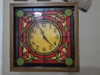 roses elgin stained glass wall clock wood frame floral mcm 14” decor Signed By Artist - 1970s