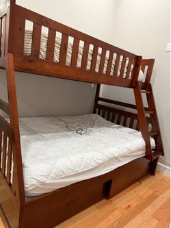 Title: Solid Wood Twin Over Full Bunk Bed w/ Mattresses – Moving Sale ASAP