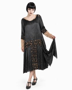 Vintage 1920s  Black Satin Drop Waist Dress