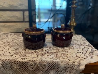 Mid Century Brown Glazed Stoneware Crock Pots with Lids – Set of 2