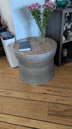 Drum Coffee Table Embossed Metal Base-Boho Global Style