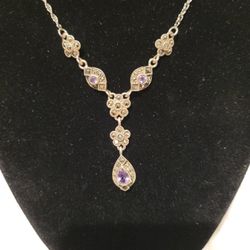 Amethyst & Sterling Silver Choker Marcasite Y Drop Necklace 17" F9 