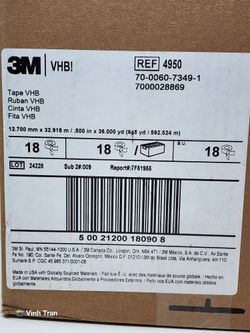 3M VHB Tape 4950, White, 1/2 in x 36 yd, 45 mil, 18 rolls per case