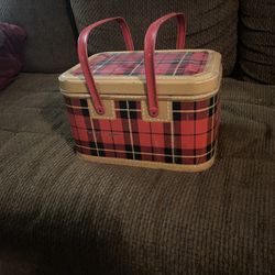Vintage Metal Picnic Basket Mid Century Red Black Yellow Plaid double handles
