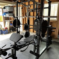 Smith Machine 1001 w/Bench Attachment | 230lb Bumpers Olympic Weights | 7ft Olympic Bar | Gym Equipment | FREE DELIVERY🚚  