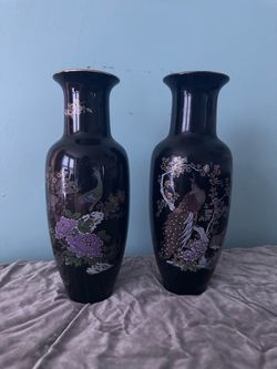 Pair of Black Porcelain Peacock Vases