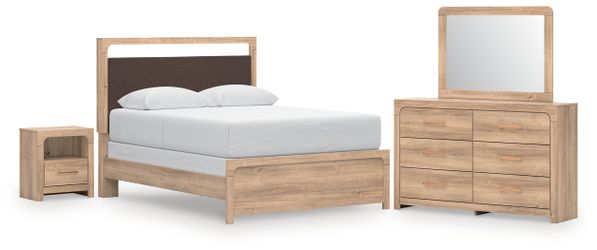 Kinlanni Tan Queen Panel Bed, Dresser, Mirror and Nightstand (Online Special Price)