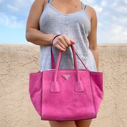 Prada pink suede twin pocket tote bag Purse Handbag 