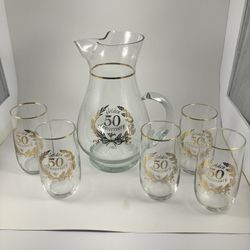 Vintage 50th Golden Anniversary Pitcher and 6 Glasses Set - $40