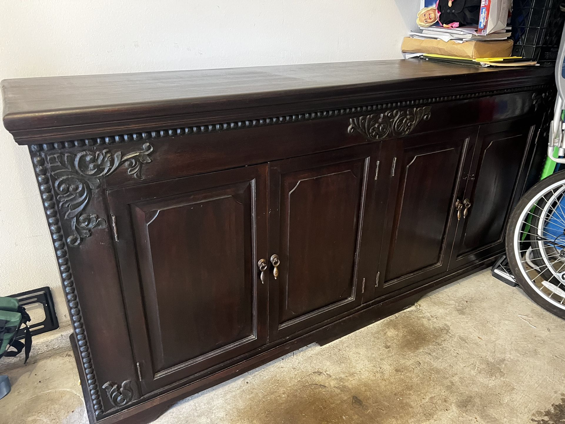 Dark Hardwood Side Table Hand Carved From Reclaimed Wood.