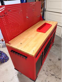 Milwaukee 61 in. 11-Drawer/1-Door Mobile Workbench with Sliding Pegboard Back Wall