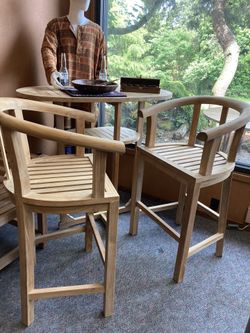 Teak bar table and two Stools, brand new