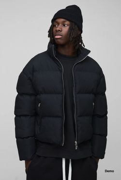 boohooMAN Man Boxy Fit Funnel Neck Puffer Coat in Black (Large)