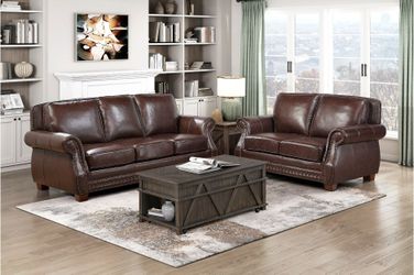 New HE8448 brown genuine leather sofa loveseat 2pc livingroom special