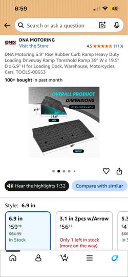 DNA Motoring 6.9" Rise Rubber Curb Ramp Heavy Duty Loading Driveway Ramp Threshold Ramp 39" W × 19.5" D × 6.9" H for Loading Dock, Warehouse, Motorcyc