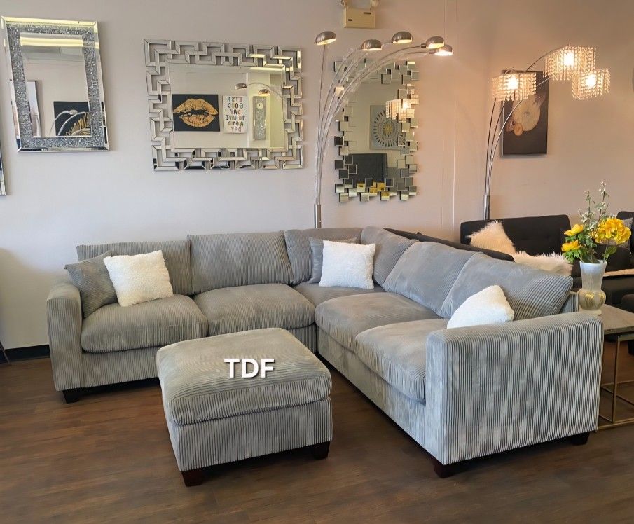 Fog Color Corduroy Sectional Sofa Couch +Ottoman (New In Box) 