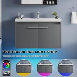 Ceramic Sink not included 31" Floating Bathroom Vanity with Sink, Modern Bathroom Vanity with LED Light, Wall Mounted Sink Cabinet with 2 Doors, Grey